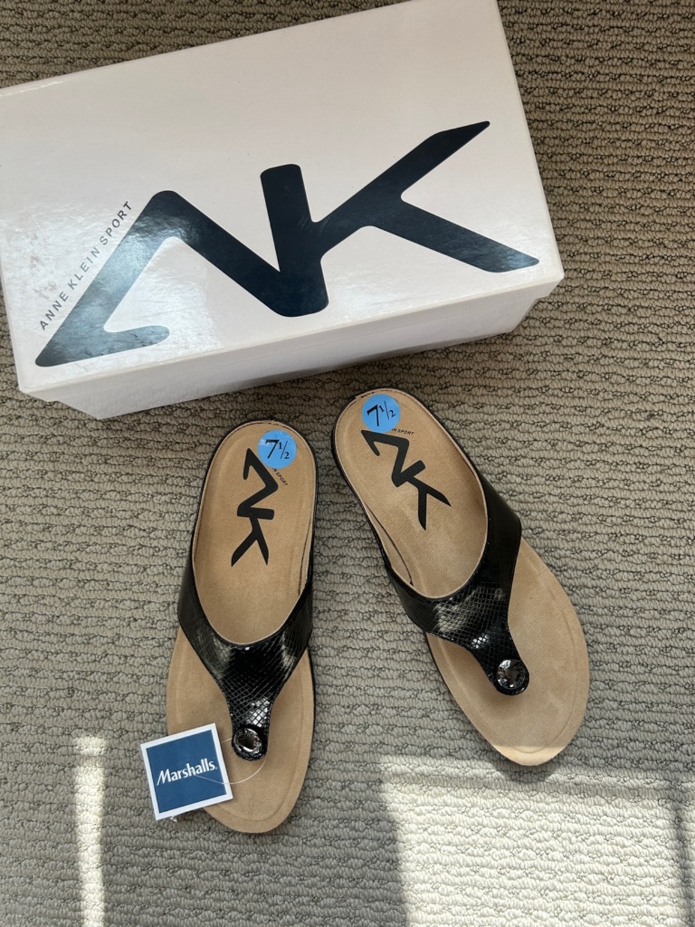 Anne Klein Sport Black Thong Sandals with Tan Footbed